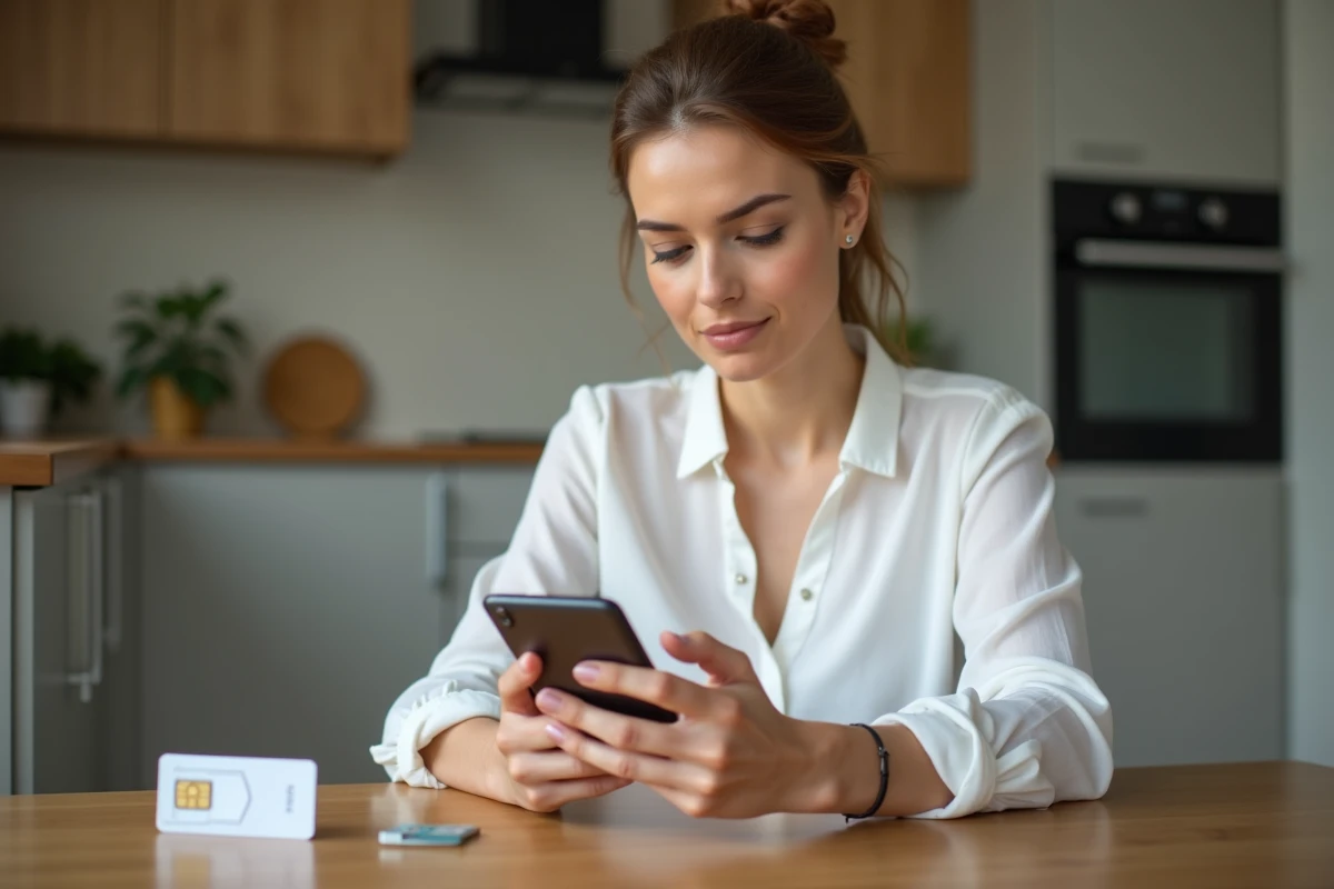 Femme consultant son smartphone pour comparer les prix d'activation d'une carte SIM Orange