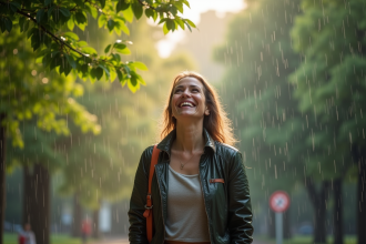 Femme souriante dans la pluie en ville sans parapluie
