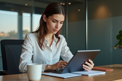 Jeune femme utilisant une tablette dans un bureau moderne