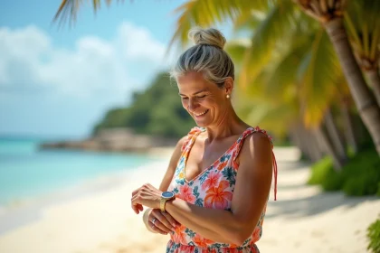 Femme souriante en robe color&eacute;e sur plage tropicale