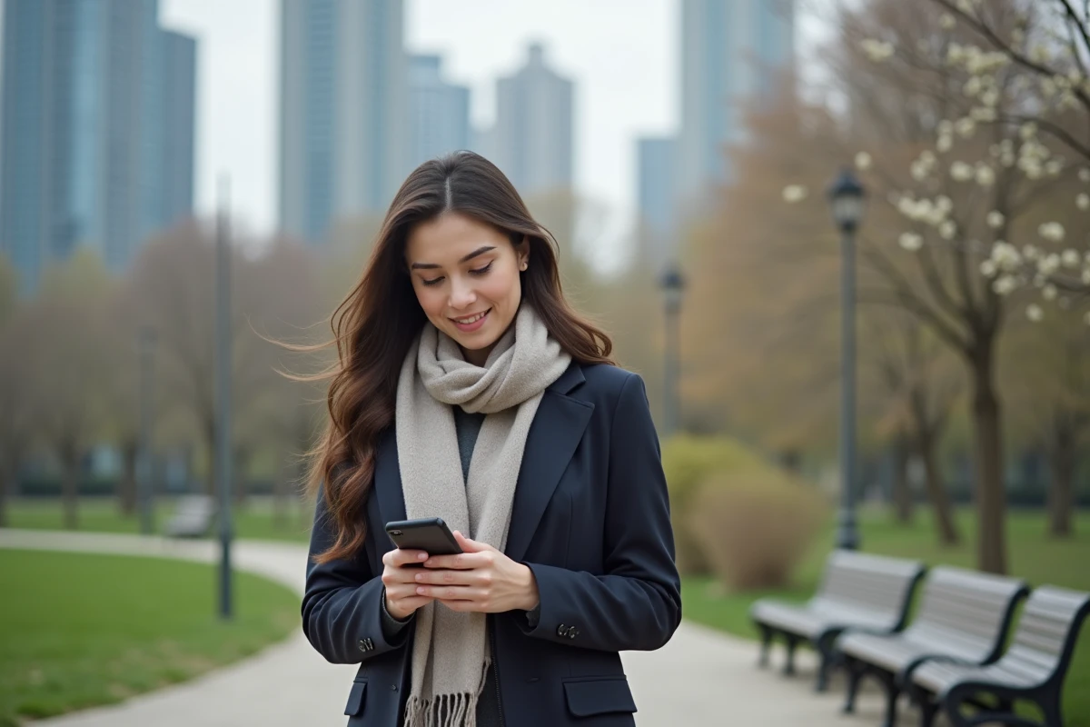 Femme envoyant un message dans un parc urbain au printemps