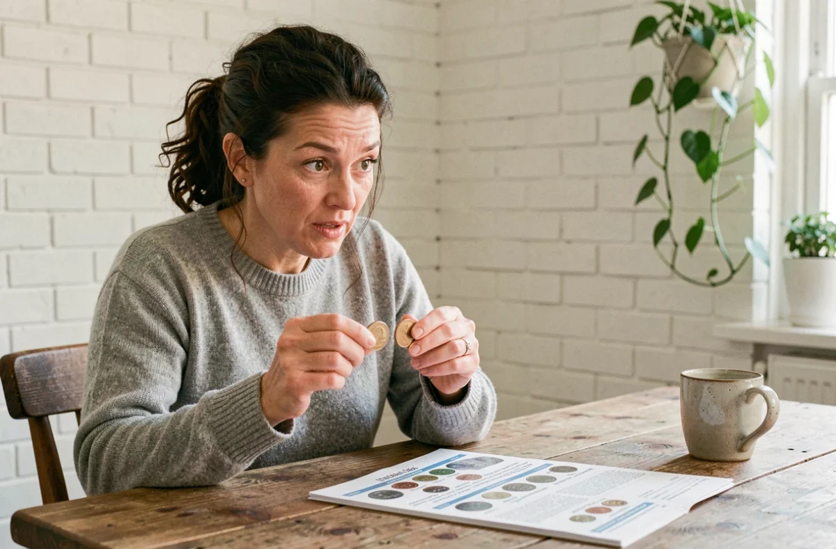 Femme comparant deux pièces de 2 euros rares avec un tableau de valorisation numismatique