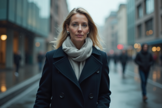 Femme en manteau bleu marche dans la ville humide