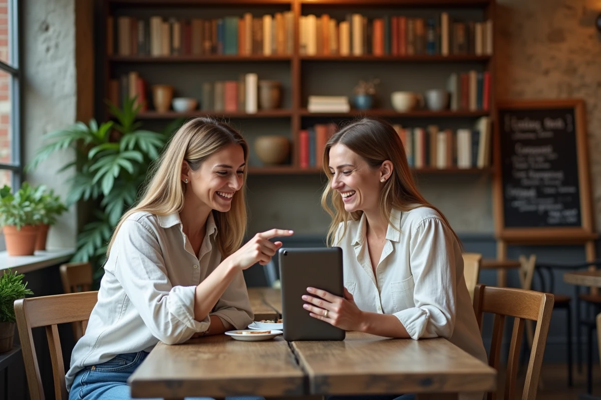 Deux femmes découvrant ensemble un article de blog littéraire sur une tablette dans un café librairie