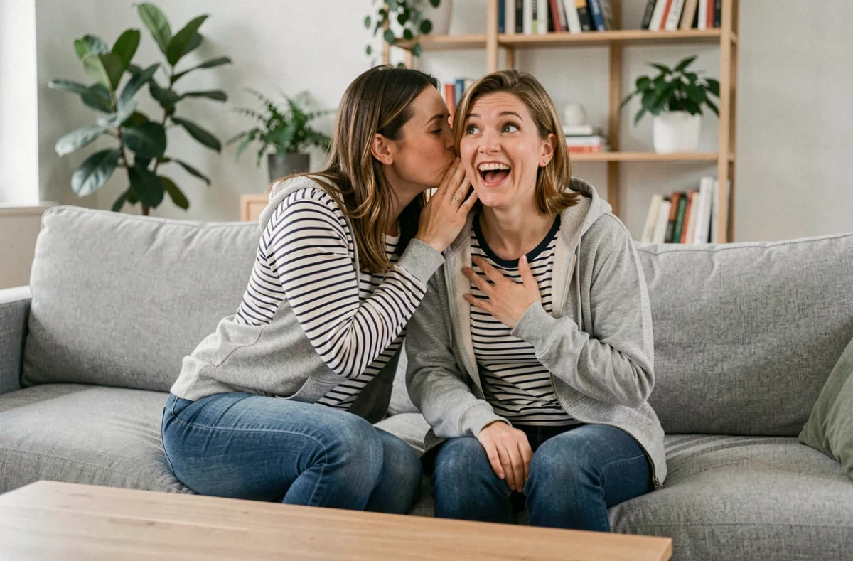 Deux femmes adultes complices sur un canapé, l'une chuchotant une blague à l'oreille de l'autre qui éclate de rire