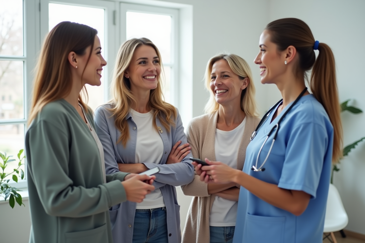 Groupe de femmes diverses discutant avec une medecin dans une clinique