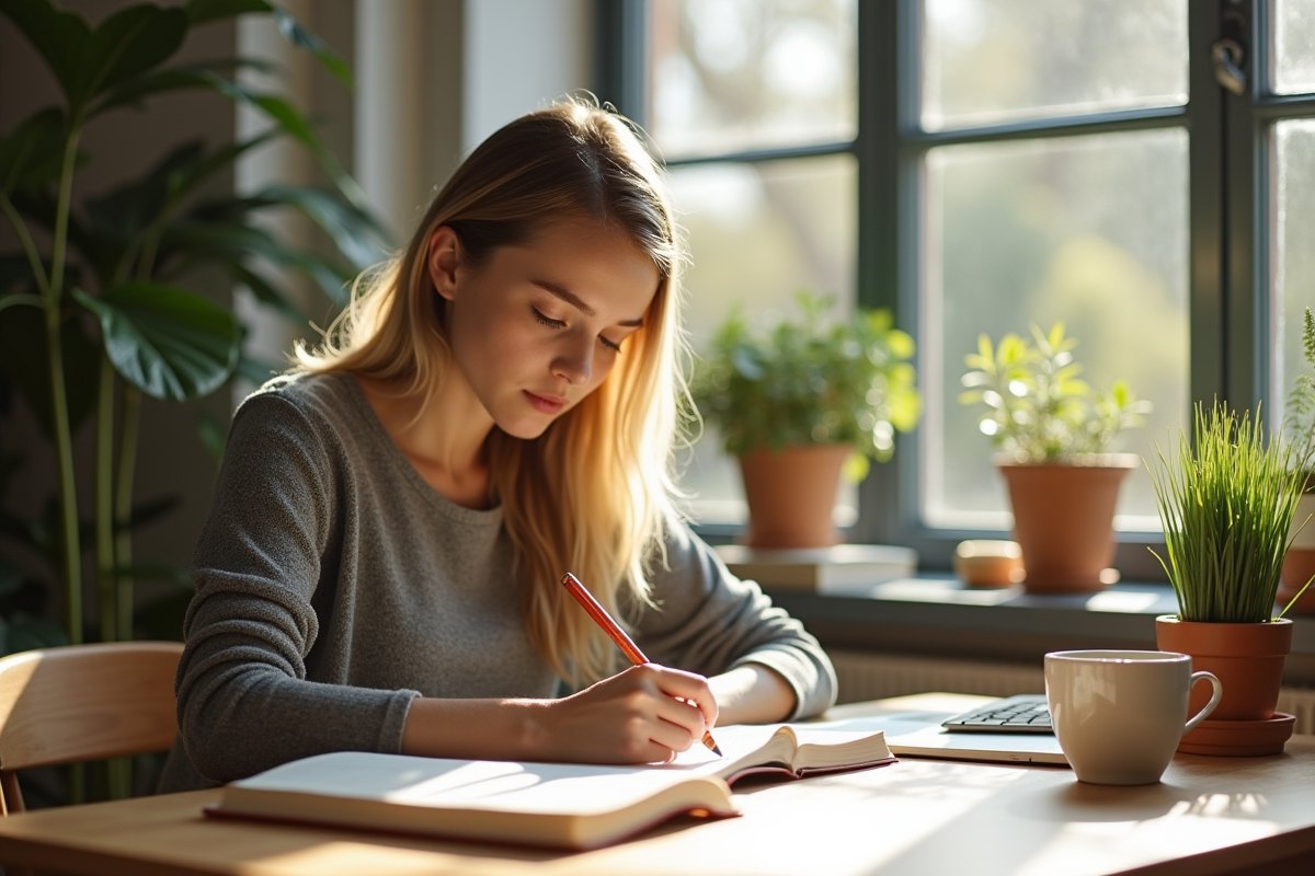 Jeune femme écrivant dans un carnet près d'une fenêtre ensoleillée