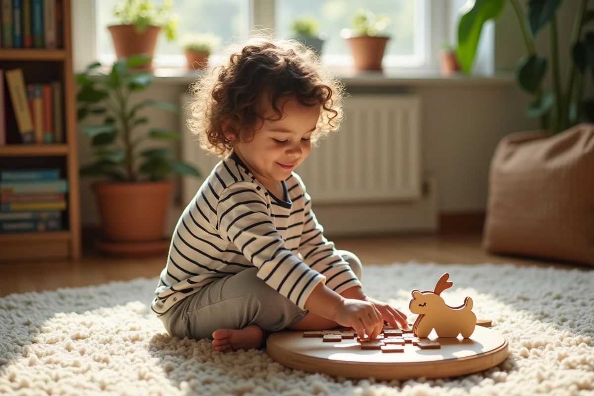 Jeune fille résolvant un puzzle en bois dans le salon
