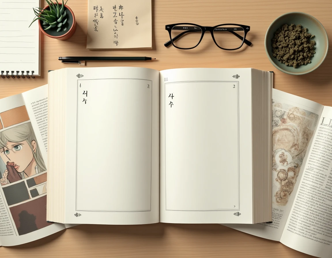 Flat lay de volumes de manhwa coréen ouverts avec des lunettes et des notes manuscrites sur une table en bois