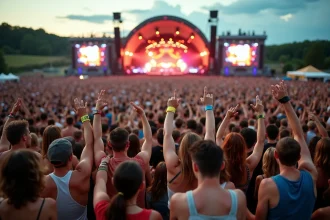 Foule immense au festival des Vieilles Charrues en plein air, festivaliers enthousiastes levant les bras devant une grande scène illuminée