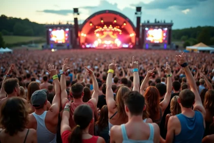 Foule immense au festival des Vieilles Charrues en plein air, festivaliers enthousiastes levant les bras devant une grande scène illuminée