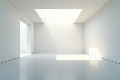 Galerie d'art moderne abandonnée avec murs blancs et rayons de soleil