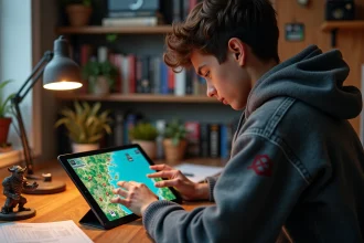 Jeune gamer en hoodie fantasy regardant une tablette colorée