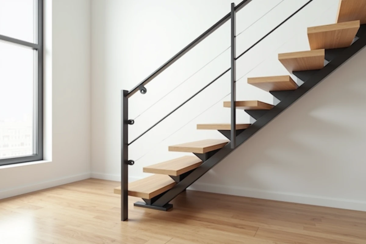 Garde-corps intérieur en tube aluminium rectangulaire noir mat sur escalier en chêne dans maison scandinave moderne