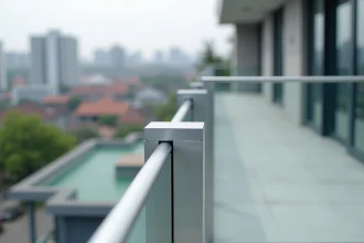 Garde-corps en tube aluminium rectangulaire sur balcon contemporain avec finition anodisée argent mat
