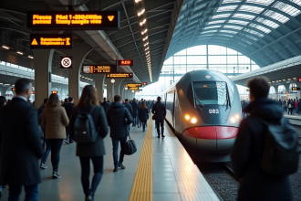 Plateforme de gare bondée avec train TGV et voyageurs