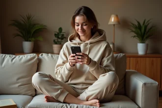 Jeune femme hésitant entre sortir boire un verre ou rester chez elle, assise sur un canapé avec son téléphone à la main