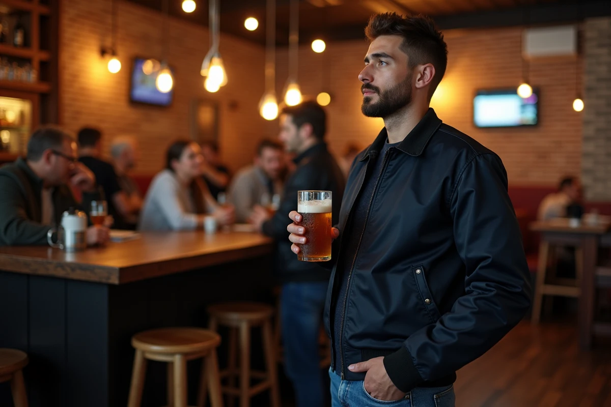 Homme détendu dans un bar tenant une bière, ayant choisi de sortir malgré une envie de repos après sa journée
