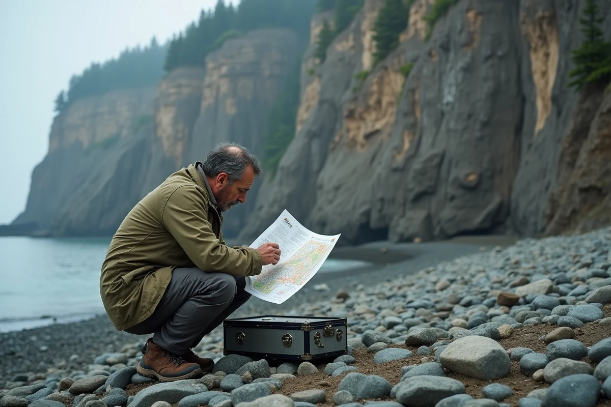 Géologue analysant les traces géologiques laissées par le mégatsunami de 1958 sur les falaises de la baie Lituya en Alaska
