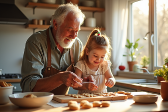 Un homme age joyeux et une jeune fille cuisinant des cookies dans une cuisine lumineuse