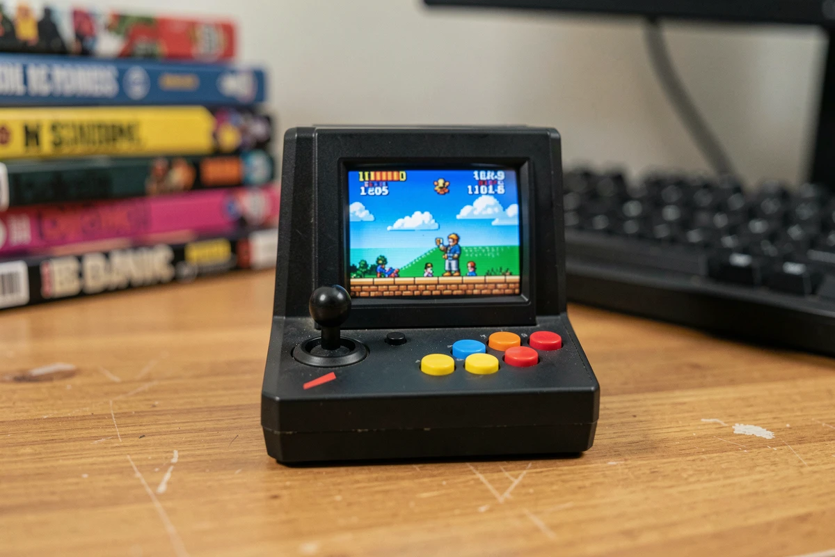 Gros plan d'une console portable retrogaming arcade posée sur un bureau en bois avec écran pixel-art allumé
