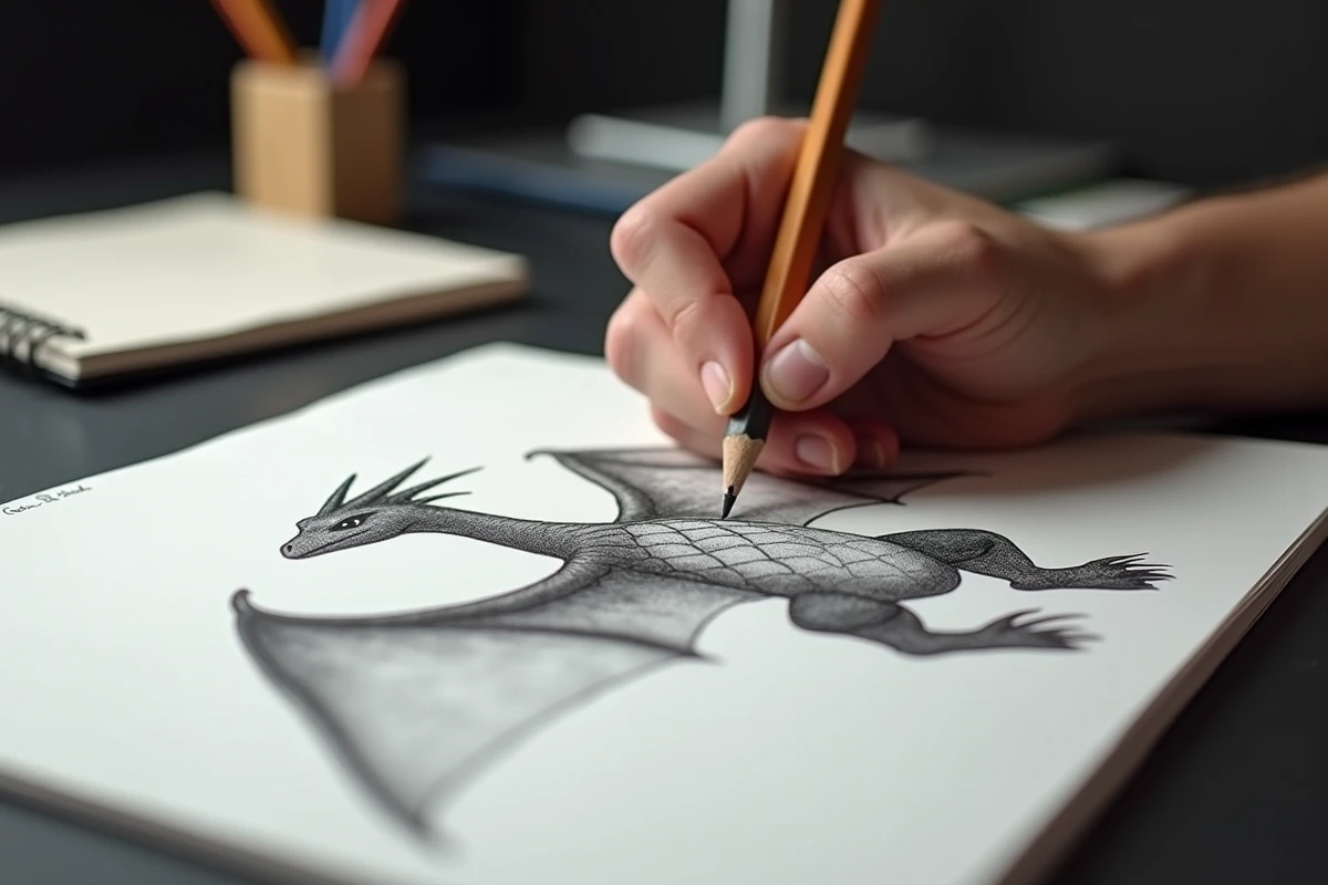 Gros plan d'une main dessinant Dracaufeu au crayon avec la méthode sans gomme sur papier à dessin