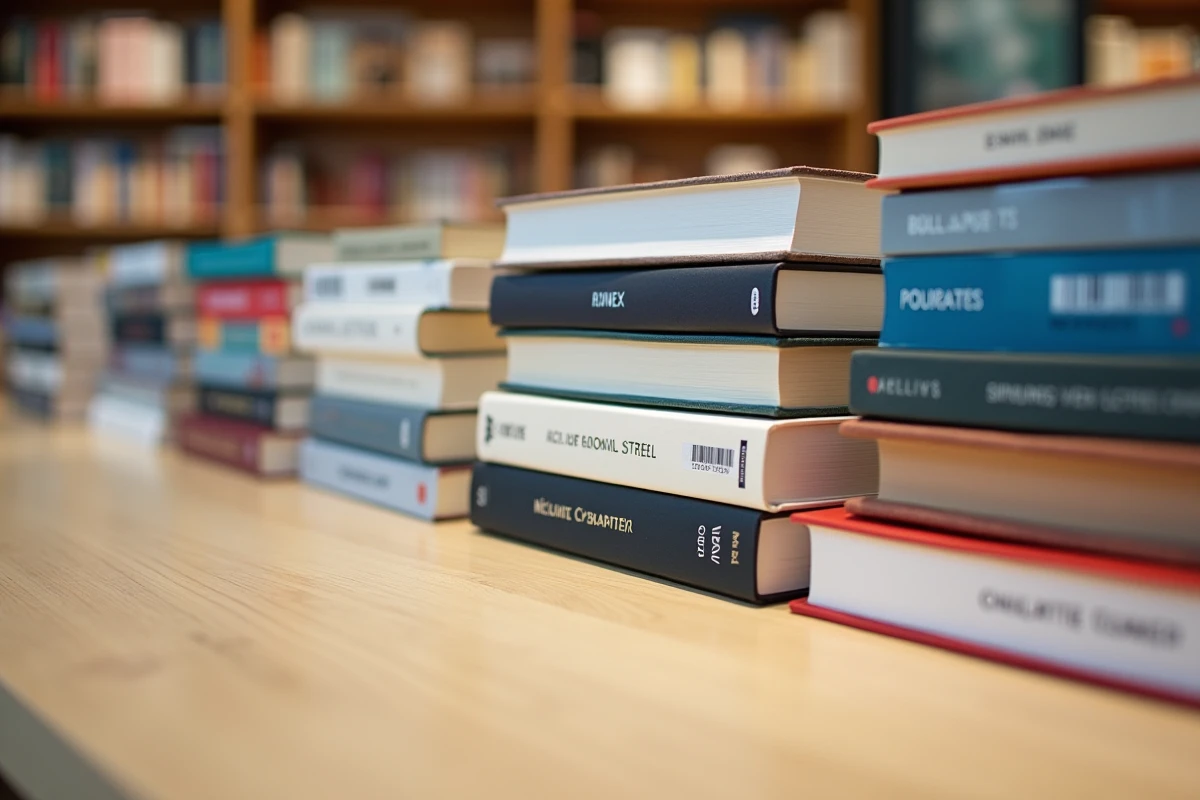 Gros plan sur les codes ISBN et codes-barres au dos de plusieurs livres empilés sur une table de librairie