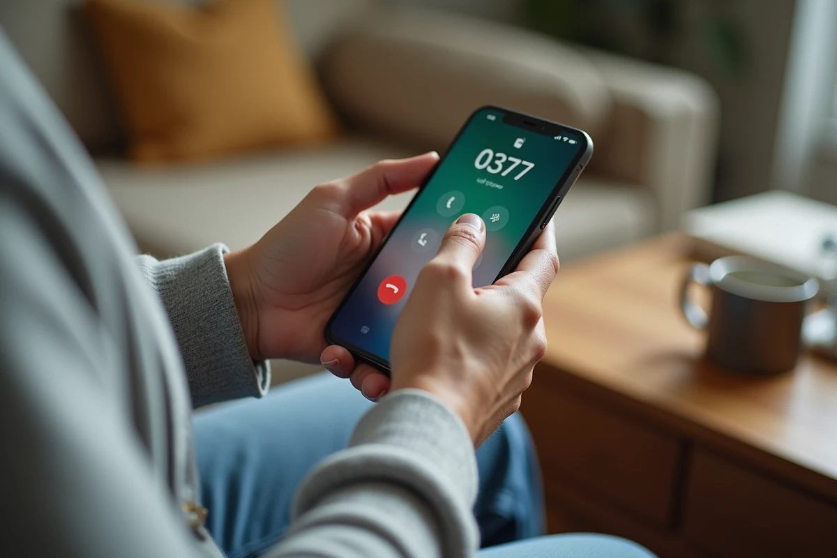 Gros plan de mains hésitant à décrocher un appel entrant d'un numéro 0377 sur un smartphone dans un salon