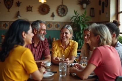 Groupe d'amis portugais et carib&eacute;ens autour d'une table chaleureuse