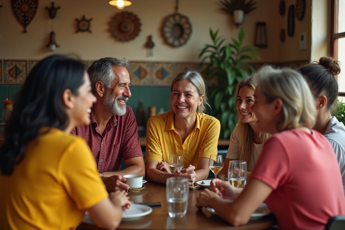 Groupe d'amis portugais et caribéens autour d'une table chaleureuse