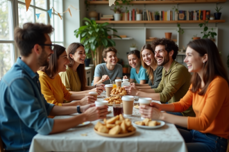 Groupe d'amis jeunes autour d'un repas convivial en appartement