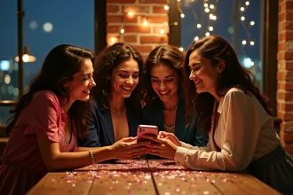 Groupe d'amis cherchant une soirée du nouvel an 2026 sur smartphone dans un appartement festif décoré
