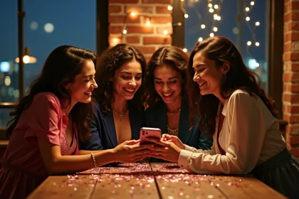 Groupe d'amis cherchant une soirée du nouvel an 2026 sur smartphone dans un appartement festif décoré