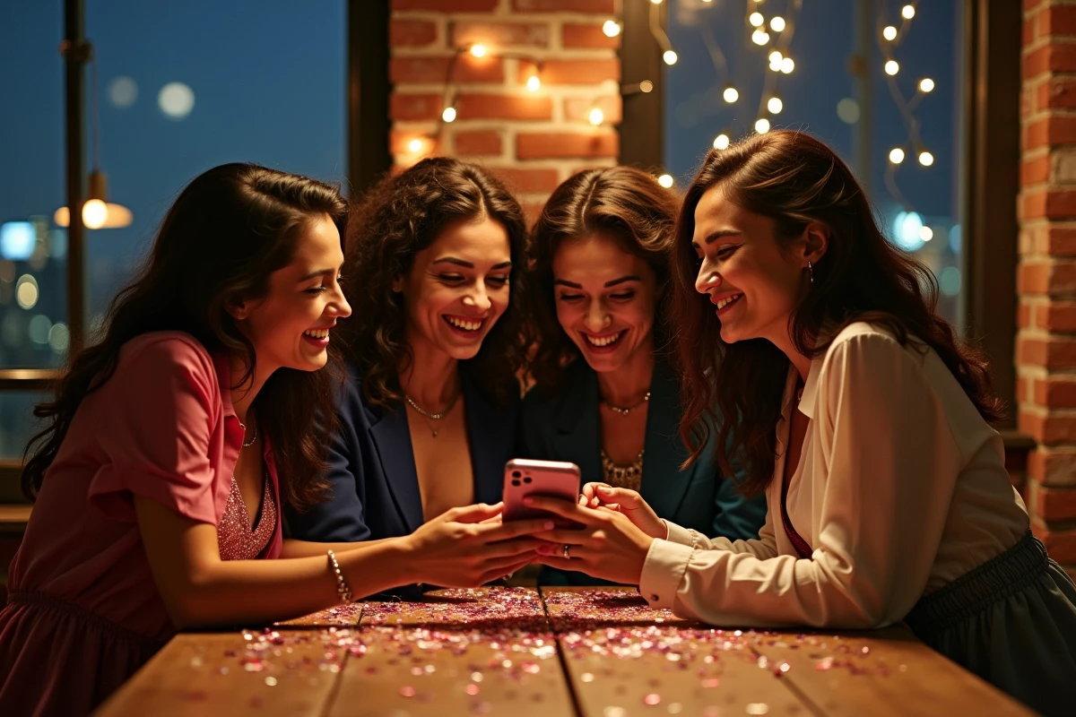 Groupe d'amis cherchant une soirée du nouvel an 2026 sur smartphone dans un appartement festif décoré