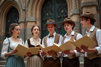 Groupe de jeunes chantant devant la cathédrale de Strasbourg
