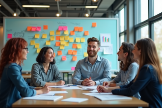 Groupe de professionnels brainstorming autour d'un tableau blanc