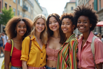 Groupe diversifié exprimant différentes identités de genre en extérieur