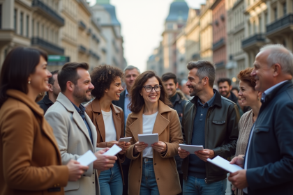 Groupe divers de personnes dans une place urbaine souriantes