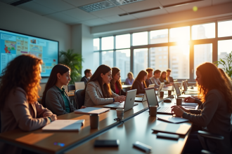 Groupe d'étudiants dans une salle moderne lumineuse