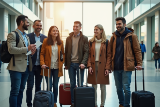 Groupe diversifié à la frontière avec documents et bagages