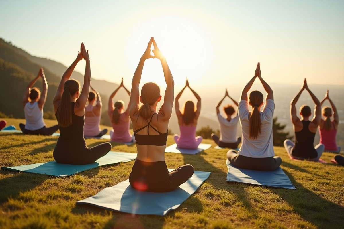 Groupe de personnes pratiquant le yoga en plein air en ville