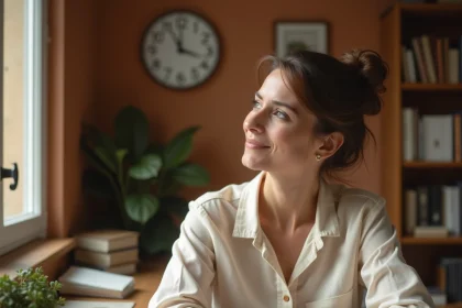 Femme contemplant une horloge affichant 14h41 dans un bureau chaleureux, symbole de l'heure miroir et de la mission de vie