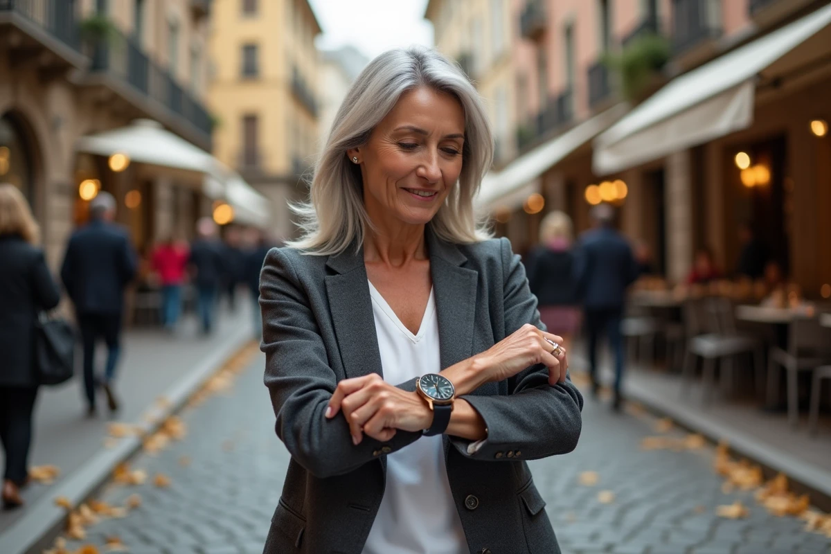 Femme dans une rue pavée regardant sa montre affichant 14h41, évoquant la prise de conscience liée aux heures miroirs et à la destinée
