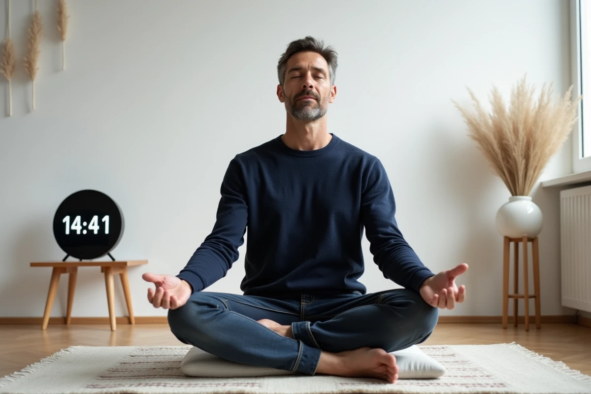 Homme en méditation face à une horloge affichant 14h41, illustrant la signification spirituelle de l'heure miroir pour la mission de vie