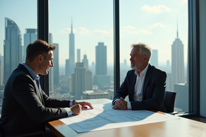 Homme d'affaires en costume discutant plans architecturaux