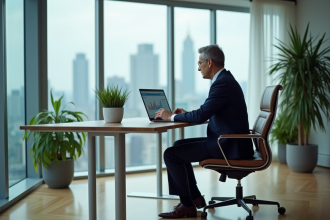 Homme d'affaires en costume bleu dans un bureau moderne