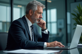 Homme d'affaires avec code IA sur son ordinateur dans un bureau moderne