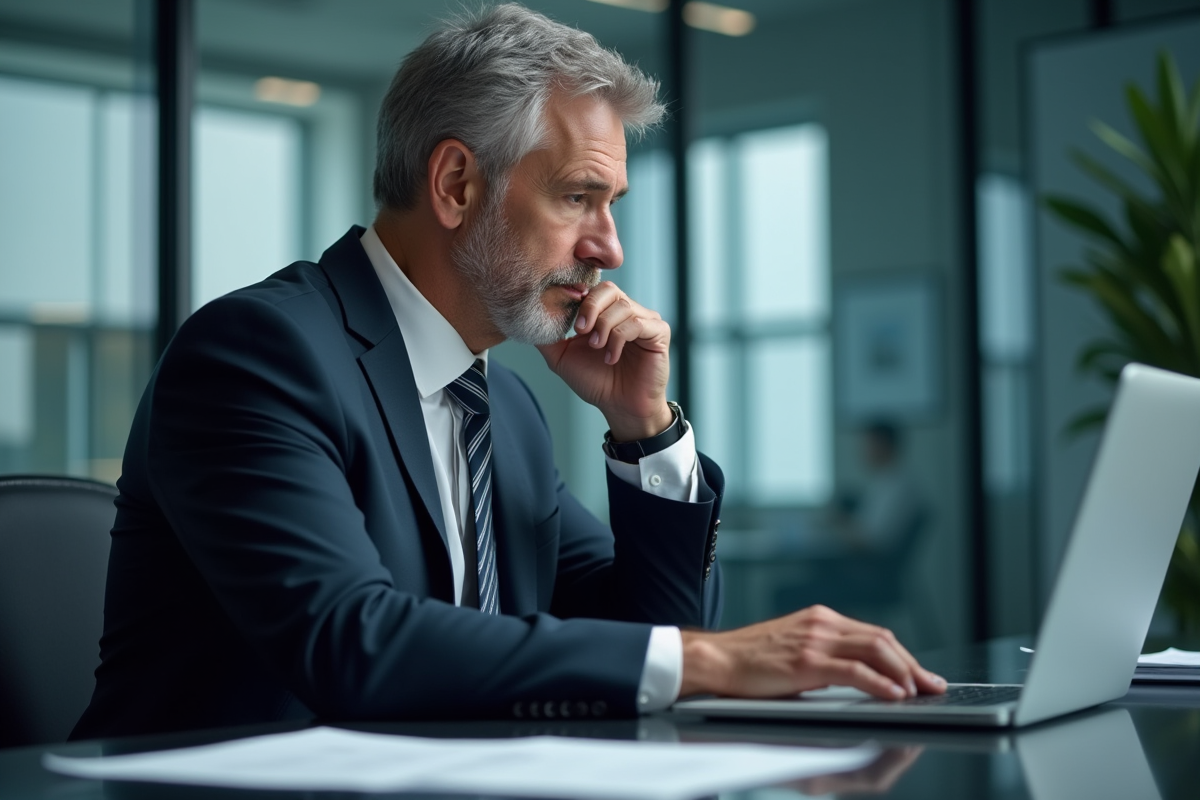 Homme d'affaires avec code IA sur son ordinateur dans un bureau moderne