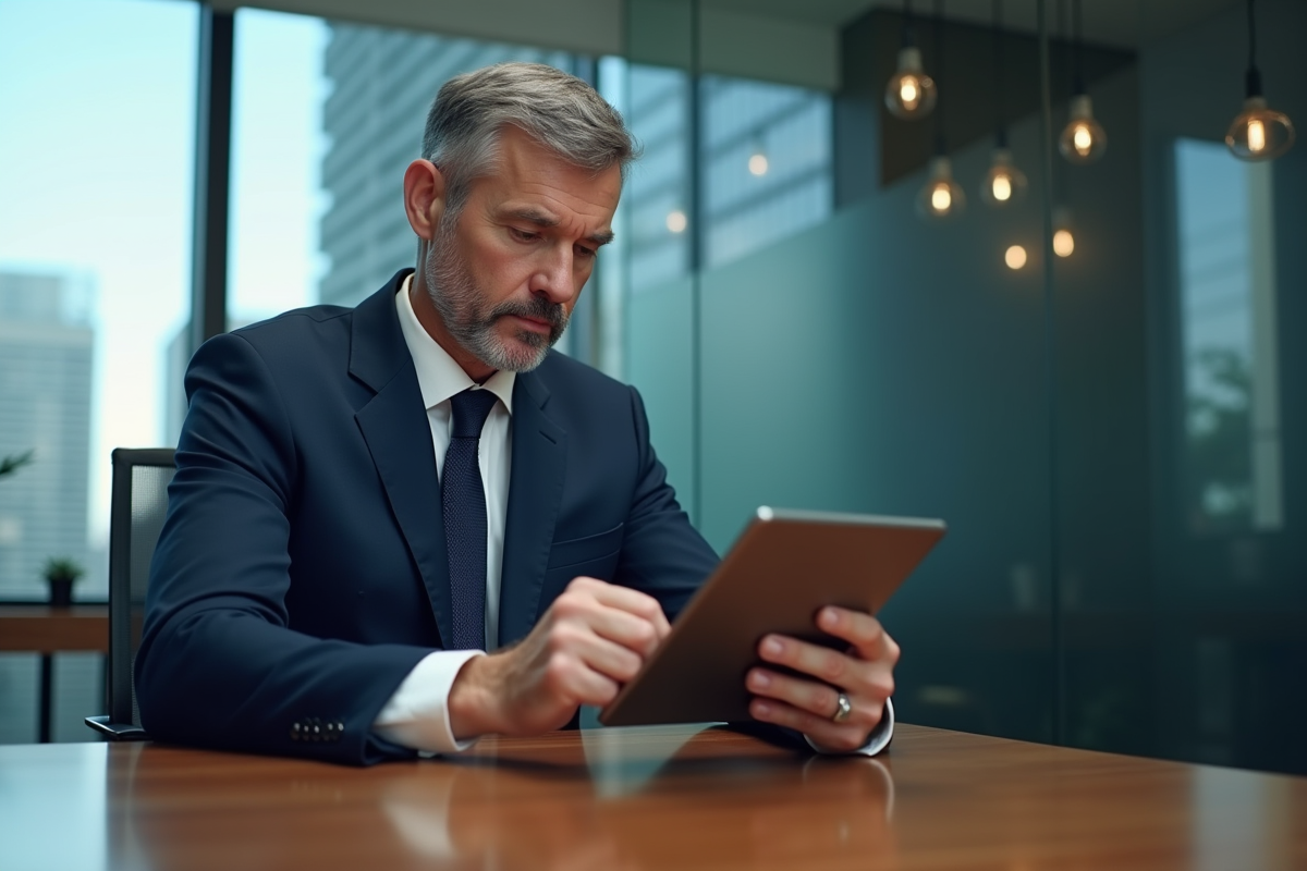 Homme d'affaires en costume bleu analysant des données économiques