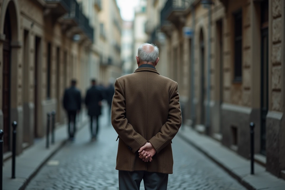 Homme âgé seul dans une rue pavée, exprimant le poids du silence et des regrets liés aux malentendus non résolus